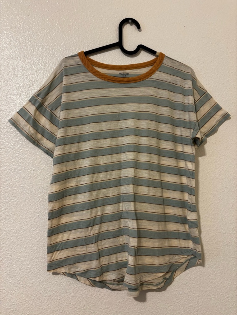 Madewell Blue and Cream Striped Short Sleeve Tee with Mustard Collar